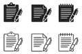 Minimalist outline and solid document icon set featuring a clipboard, paper, notepad, and pen for office and Royalty Free Stock Photo