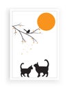 Two cats silhouettes and bird on branch in sunset, vector. Minimalist poster design isolated on white background.