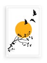 Flying Birds on Branch on full Moon Vector, Wall Decals, Birds on Tree Design, Couple of Birds Silhouette. Nature Art Design