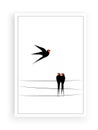 Birds on wire and flying bird silhouette Royalty Free Stock Photo