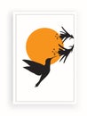 Flying bird silhouette on sunset / sunrise, vector. Hummingbird silhouette illustration. Scandinavian minimalist art design