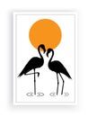 Flamingos silhouettes, vector. Couple flamingos in love on sunset