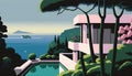 minimalist paint illustration of a luxurious pink villa along a lush coast with a beautiful ocean view