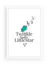 Twinkle, twinkle little star, vector. Wording design, lettering. Blue Singing bird silhouette. Childish poster design