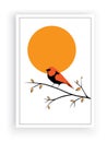 Bird on Branch on sunset, Vector. Scandinavian minimalist art design. Poster design, wall art, artwork. Robin Bird Silhouette