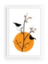 Birds silhouettes on branch on sunset, vector. Birds couple silhouette on branch isolated on white background Royalty Free Stock Photo