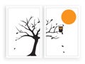 Owl silhouette on tree on full moon. Scandinavian minimalist art design. Two pieces poster design. Wall art, artwork