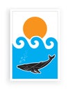 Shark in sea on sunset, illustration, vector, minimalist paint, sea world, underwater, sperm whale in blue sea