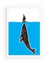 Whale silhouette under the sea and a boat, vector. Minimalist art design