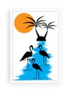 Palm tree illustration and flamingo birds silhouettes on sunset, vector Royalty Free Stock Photo