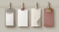 Minimalist paper note cards hanging on string with clips, featuring neutral tones and subtle textures, creating calm and Royalty Free Stock Photo