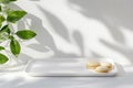 Minimalist paper tray mockup with macarons highlighting light and shadow play