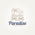 minimalist paradise beach hidden place line art badge icon logo template vector illustration design. simple modern villa resort, Royalty Free Stock Photo