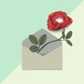 Minimalist pastel red rose with leaves in envelope on green background