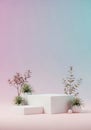Minimalist pedestal display with delicate plants and soft gradient background Royalty Free Stock Photo