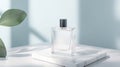 Minimalist perfume bottle in frosted glass, elegantly placed on marble surface, surrounded by soft light and greenery, creating Royalty Free Stock Photo