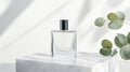 Minimalist perfume bottle in frosted glass, elegantly placed on marble surface, surrounded by soft shadows and greenery, creating Royalty Free Stock Photo