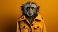 Minimalist Photography: Cute Chimp In A Raincoat On Yellow Background