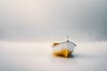 Minimalist picture of a small boat on a partially frozen lake. Winter landscape.