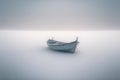 Minimalist picture of a small boat on a partially frozen lake. Winter landscape.