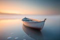 Minimalist picture of a small boat on a partially frozen lake. Winter landscape with sunset.