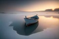 Minimalist picture of a small boat on a partially frozen lake. Winter landscape with sunset.
