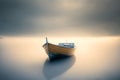 Minimalist picture of a small boat on a partially frozen lake. Winter landscape with sunset.