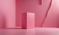 minimalist pink room features square object on reflective surface, with curved wall and vertical line in the Royalty Free Stock Photo