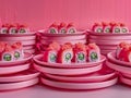 Minimalist Pink Theme Sushi Presentation with Multiple Plates and Creative Japanese Cuisine Concept