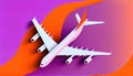 Minimalist plane geometric orangepurple background top view copy space Travel agency banner Fl lay jet journey destination