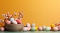 A minimalist platform set against a joyful Easter scene with vibrant egg-filled baskets