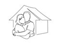 Minimalist portrait of enamored couple hugging near new house continuous line vector illustration