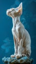 Minimalist portrait of precious sphynx kitten on blue background, small hairless cat posing