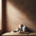 Minimalist pottery in complimentary setting ochre color