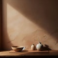 Minimalist pottery in complimentary setting ochre color