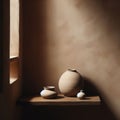 Minimalist pottery in complimentary setting ochre color