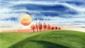 Minimalist primitive landscape with big sun in sunset cloudy sky and red trees on horizon. Hand drawn watercolors on paper