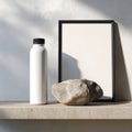 Minimalist Product Mockup White Bottle Frame and Stone Royalty Free Stock Photo