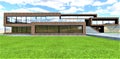 A minimalist project of a suburban low-rise office building made of old natural brick, built on a lush green lawn in an