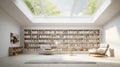 A minimalist reading room with modern bookcases at the front, with a charming view of antique hardcovers and soft daylight.