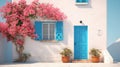minimalist rendering of a part of a Greek house by the sea with a blue window