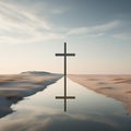 a minimalist representation of a cross in a serene natural setting