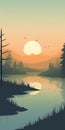 Minimalist River Landscape Illustration: Tranquil Swamp At Sunset