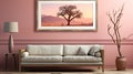 Minimalist interior room with sofa, table, vase of flowers and big photo frame view of trees in desert at sunset