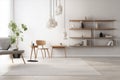 a minimalist room with an asymmetrical rug, floating shelves, and a unique light fixture