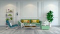 Minimalist room interior design, Green armchair and sofa on white floor and white frame wall /3d rende Royalty Free Stock Photo