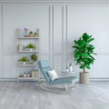 Minimalist room interior design, light blue lounge chair with plant on white floor and white frame wall