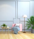 Minimalist room interior design,pink armchair with white lamp and wood table on wood flooring and white wall /3d render