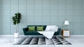 Minimalist room interior design,green sofa on marble flooring and light blue wall /3d render