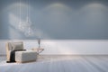 Minimalist room interior design,wood armchair with white lamp on gray wall and wood floor /3d render